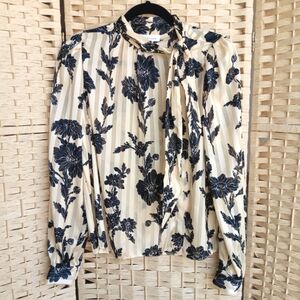 Topshop Tie Neck Floral Sheer Blouse Button Down Small XS NWT